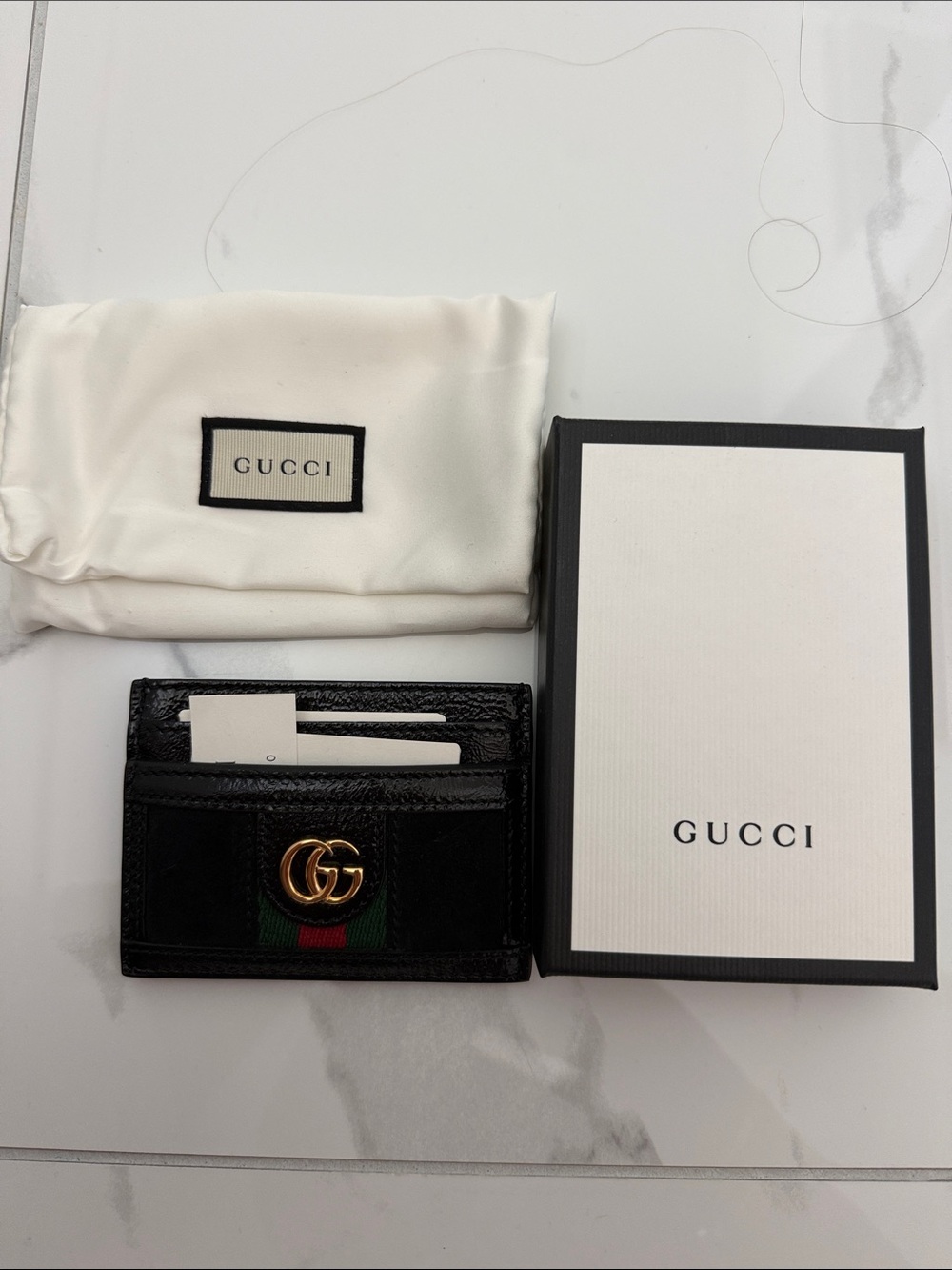 Gucci Black Leather Card Holder with Green-Red Web and Gold GG NWT